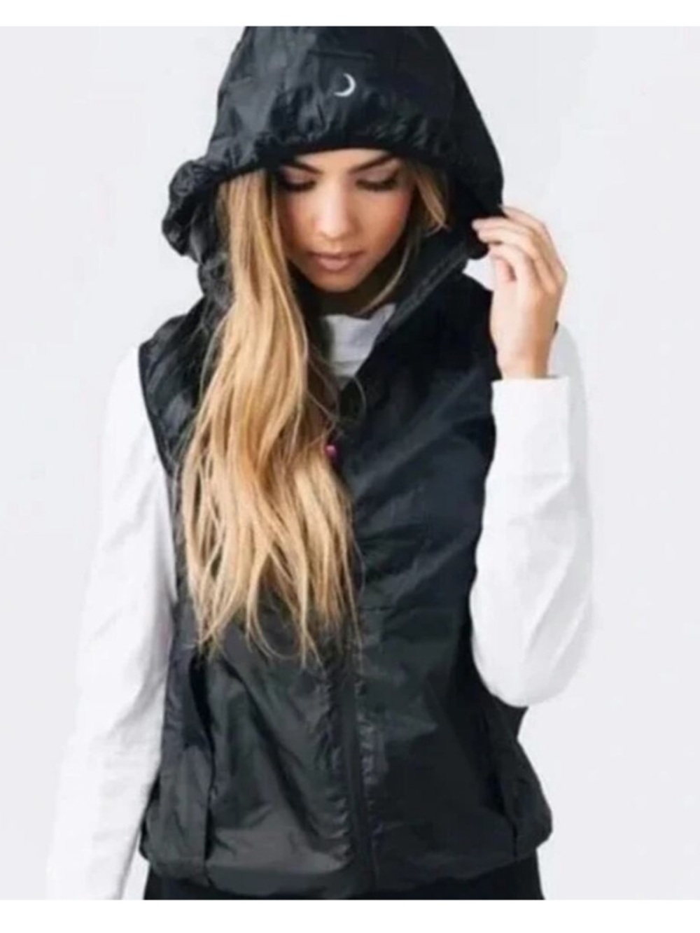 ZYIA-Women’s Black Hooded Lightweight Vest w/ hot pink embellishments.